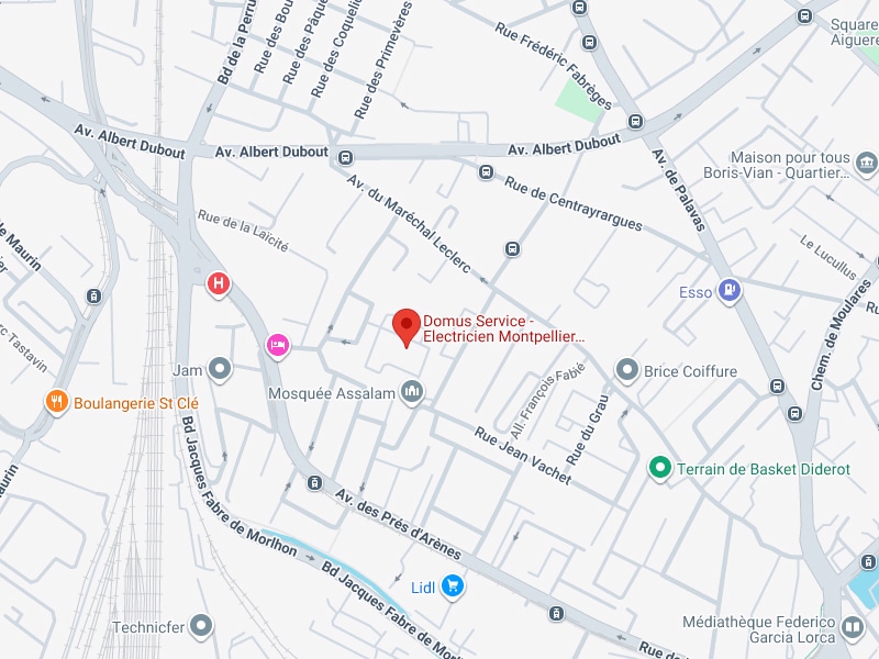 Localisation Domus Service Montpellier : Carte Précise Carte de Montpellier localisant Domus Service - Electricien Montpellier, près de la Mosquée Assalam et de l'Av. du Maréchal Leclerc.